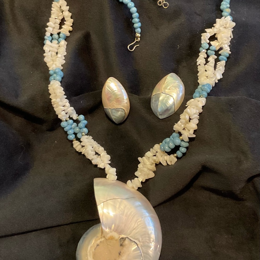 Blue and Cream Shell Jewelry 3pc Handmade Set with Clip Earrings (#3-001)